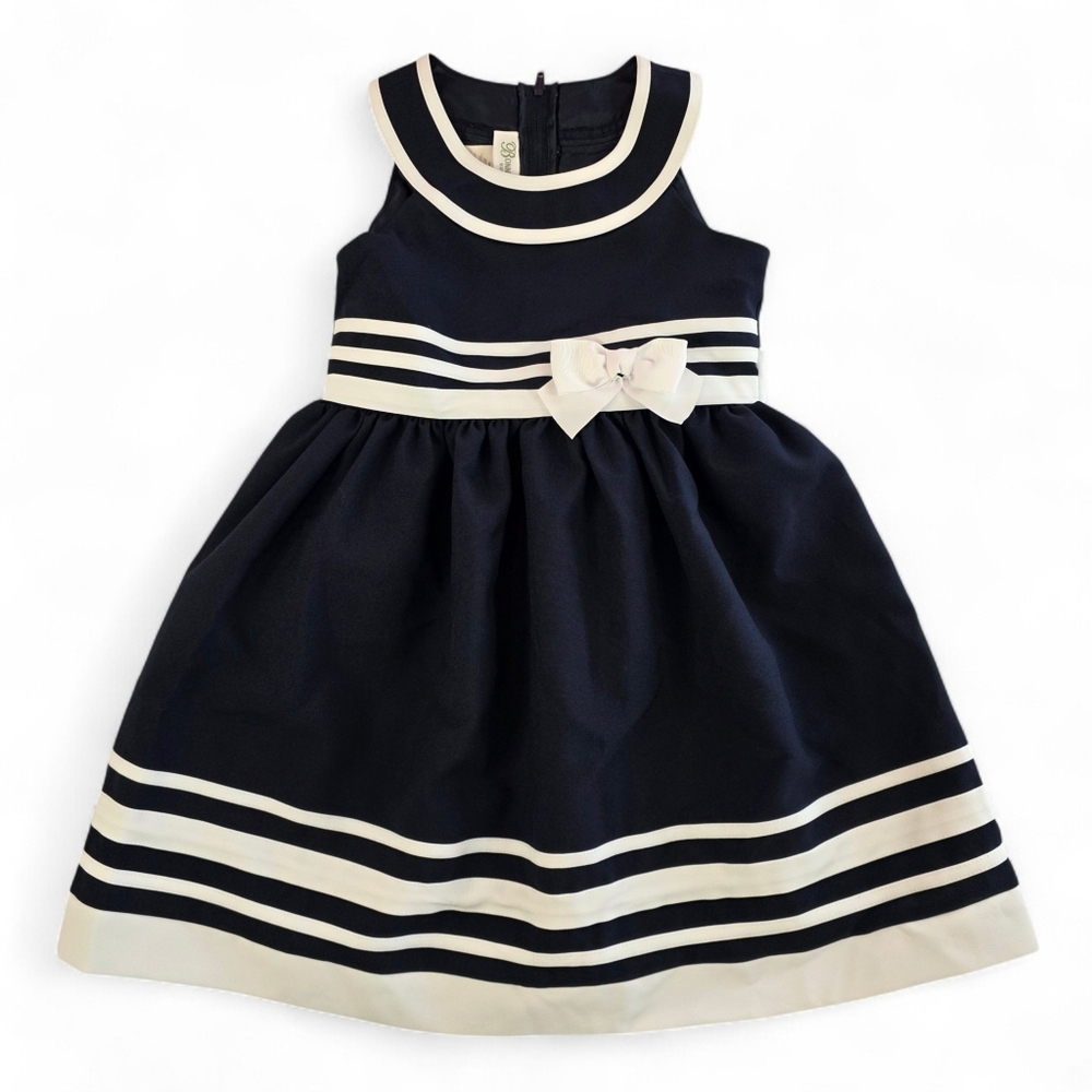 Bonnie Jean Navy White Sailor Nautical Dress Bow Full Gathered Skirt Girl Size 5